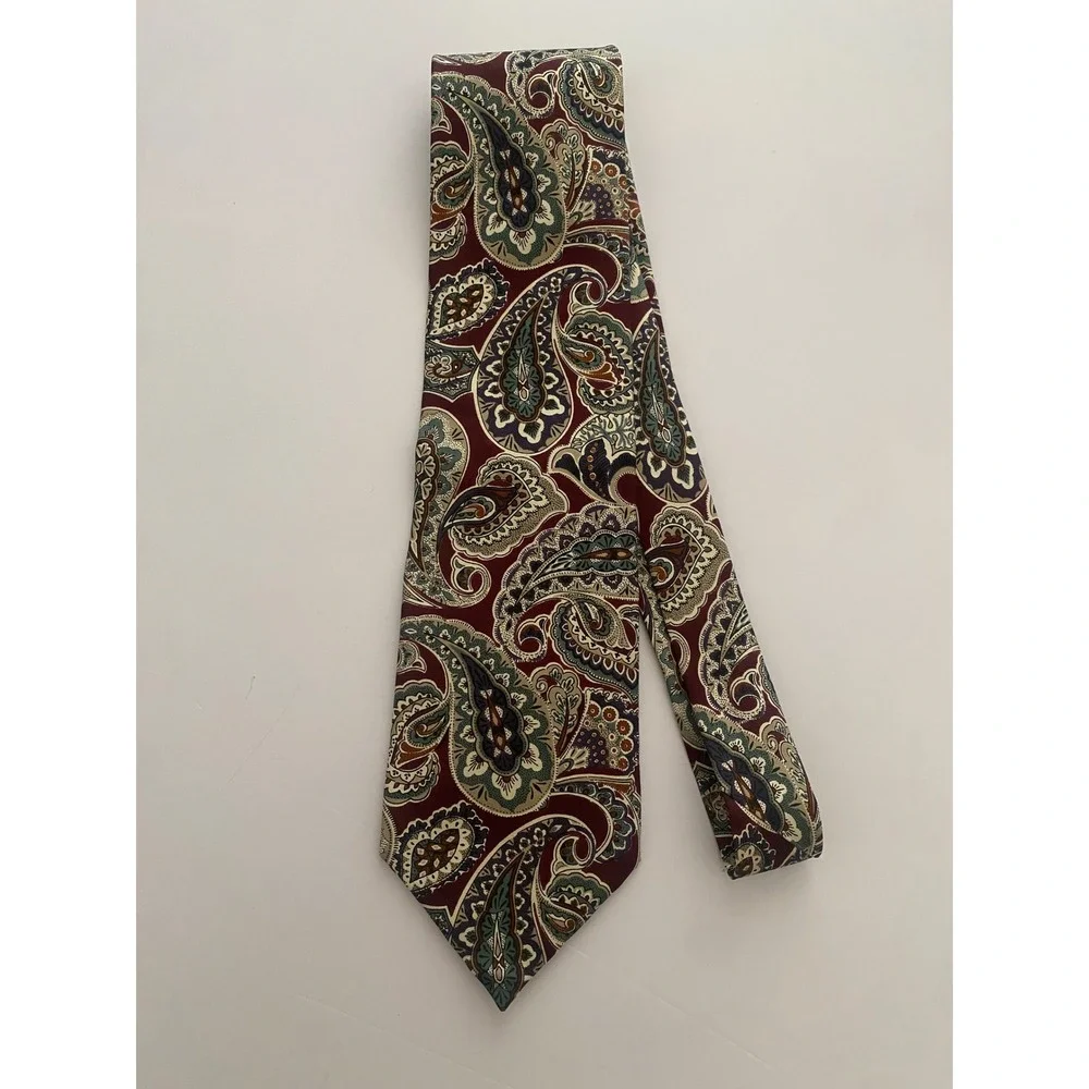 Christian‎ Dior Monsieur Mens Silk Paisley Tie Burgundy Green Gold Made in USA